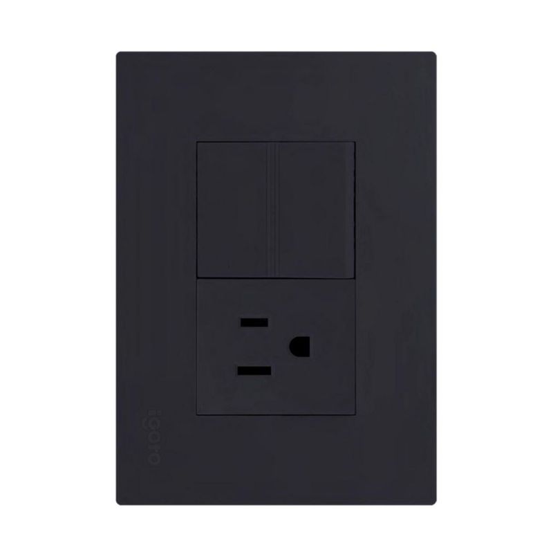 Apagador Sencillo con Contacto 2P+T y Placa Negro de Policarbonato 125-250V Igoto