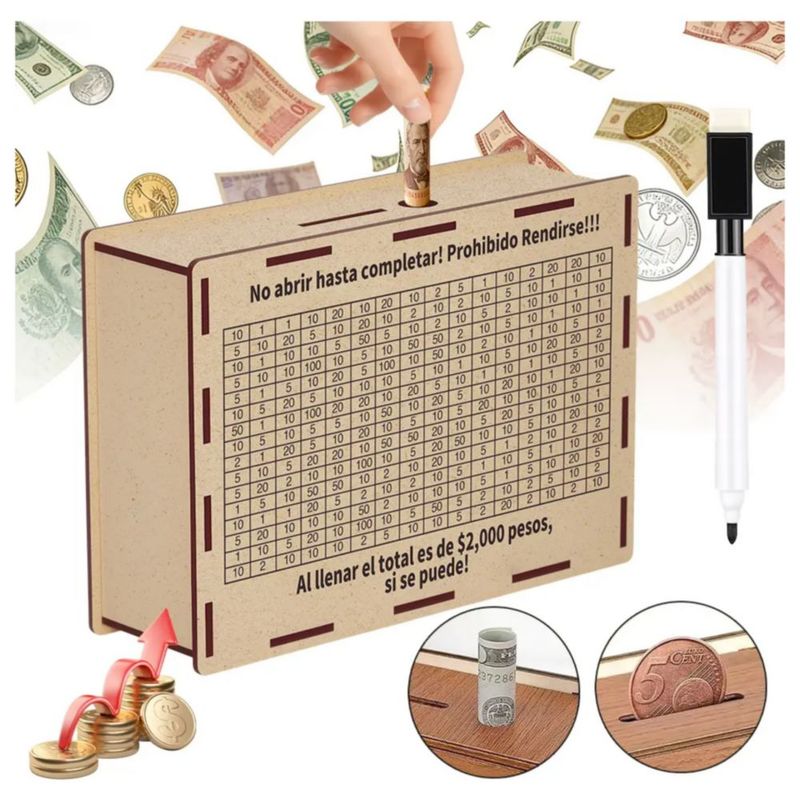 Alcancía Caja De Ahorro Reto Objetivo Dinero +pluma, Color Café