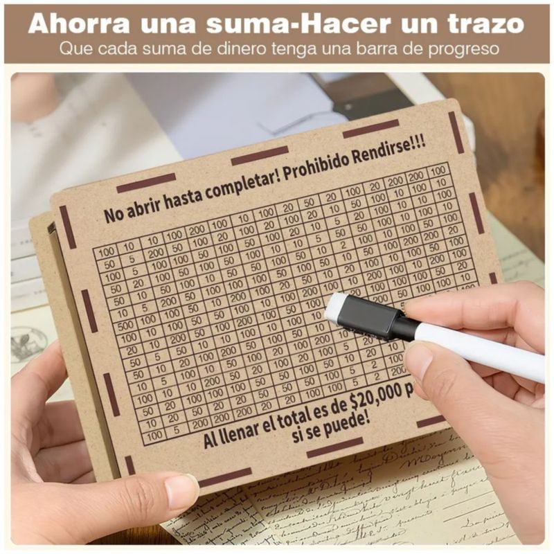 Alcancía Caja De Ahorro Reto Objetivo Dinero +pluma, Color Café