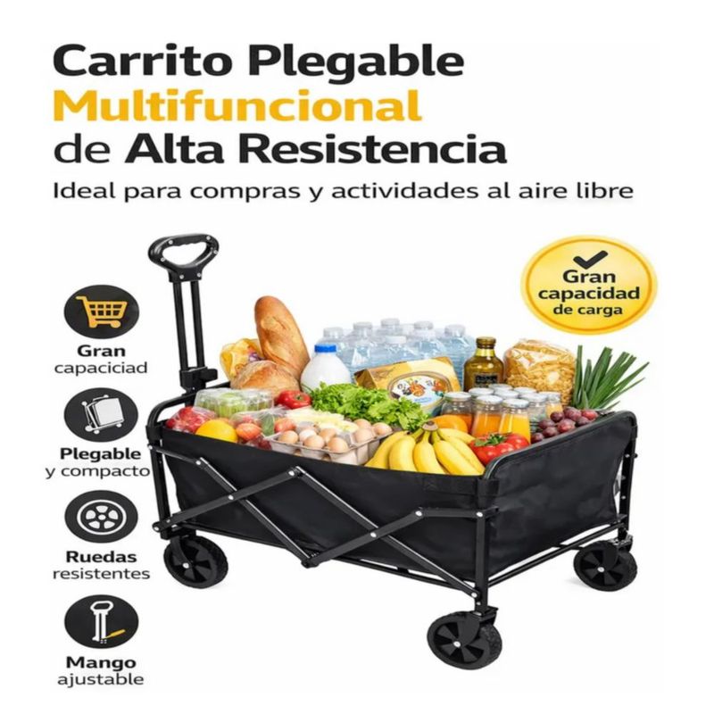 Carrito Vagón Plegable Portátil Multiusos 120 Kg, Color Negro