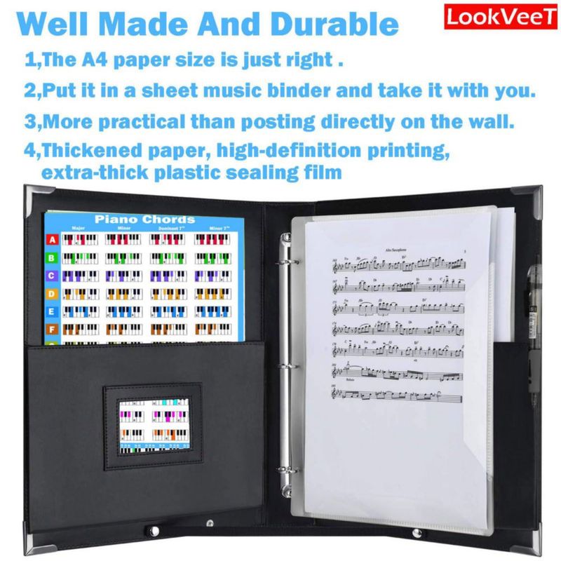 Cartel de acordes de piano LookVeeT A4 laminado para principiantes