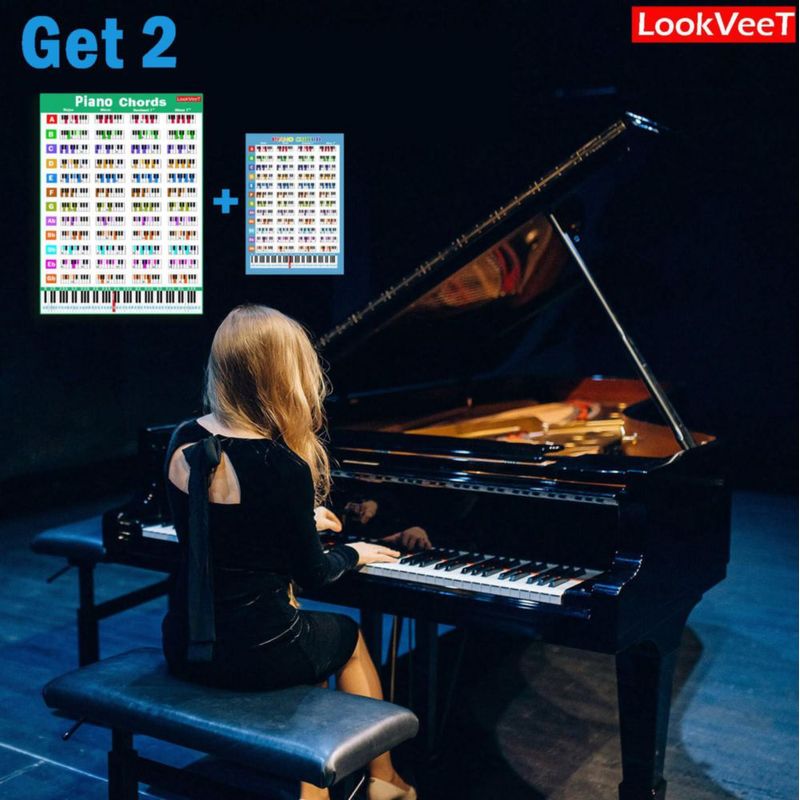Cartel de acordes de piano LookVeeT A4 laminado para principiantes