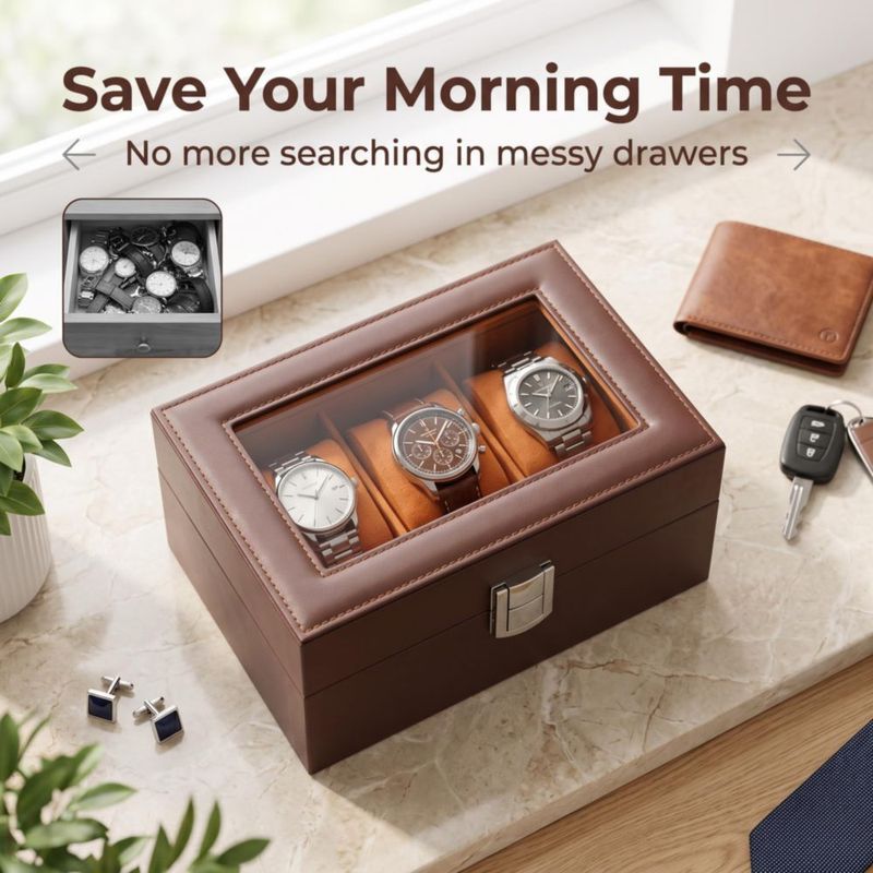Caja de Relojes AMZGO de 3 Ranuras con Tapa de Vidrio y Acabado en Madera Espresso