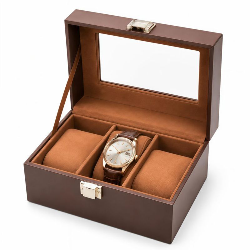Caja de Relojes AMZGO de 3 Ranuras con Tapa de Vidrio y Acabado en Madera Espresso