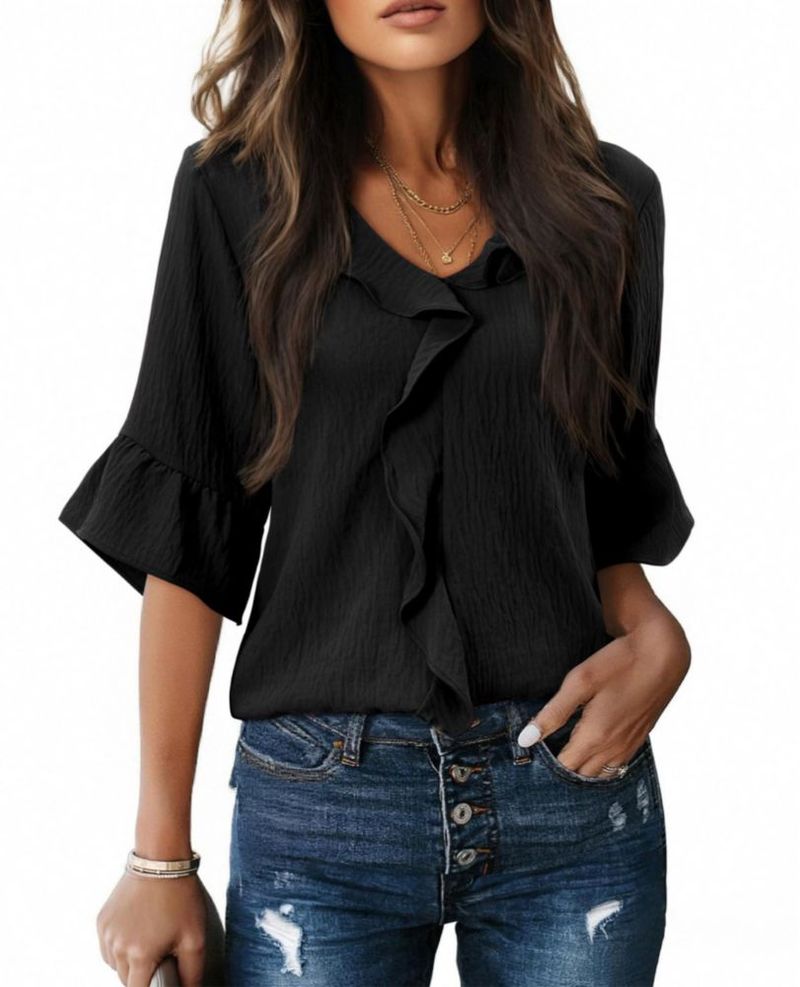Blusa siliteelon de manga 3/4 con volantes color negro talla L