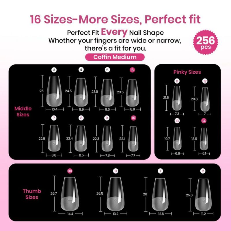 Tips de uñas tipo coffin Beetles Gel Polish 256 piezas 16 tamaños