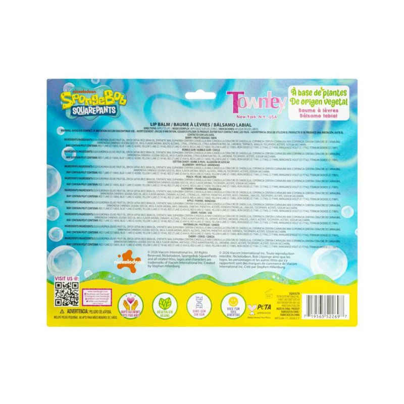 Bálsamo Labial Townley Girl – Set de 10 piezas con decoraciones 3D de Bob Esponja