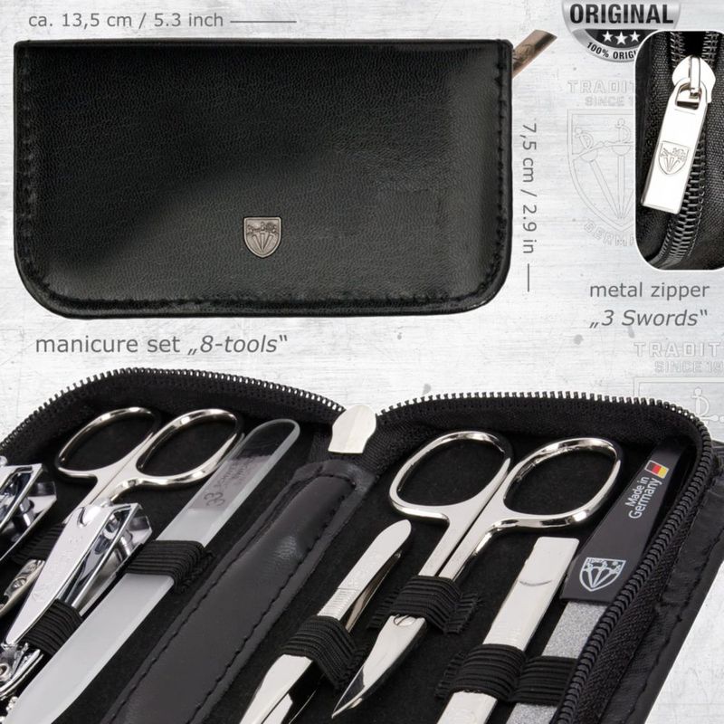 Kit de manicura 3 Swords Germany de 8 piezas con estuche negro de cuero sintético