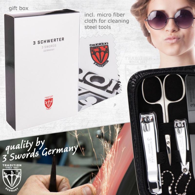 Kit de manicura 3 Swords Germany de 8 piezas con estuche negro de cuero sintético