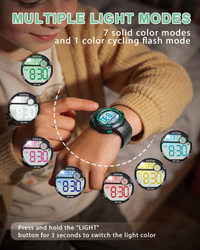 Reloj digital Edillas Kids 21 cm con LED de 7 colores y resistente al agua