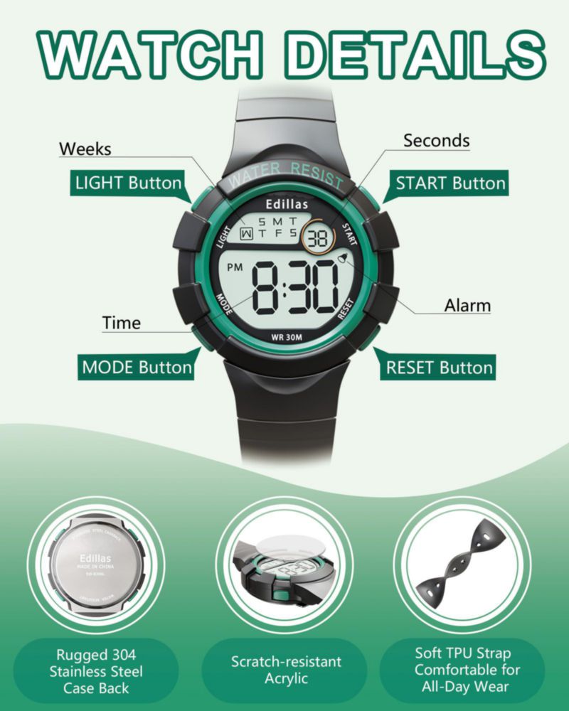 Reloj digital Edillas Kids 21 cm con LED de 7 colores y resistente al agua
