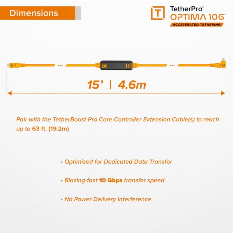 Cable Tether Tools TetherPro Optima 10G USB 46 m en ángulo recto