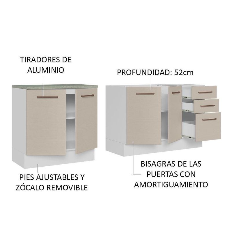 Mueble de cocina madesa agata con tarja 200cm blanco/crema