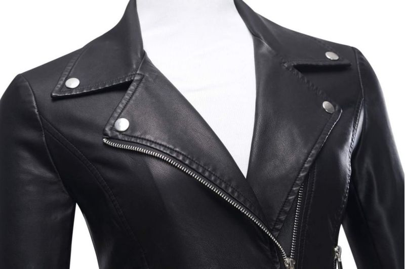 Chaqueta moto de cuero sintético para mujer Tanming color negro - Talla M