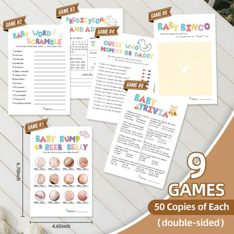 Kit de 9 juegos para baby shower OLOUTAB – 50 invitados
