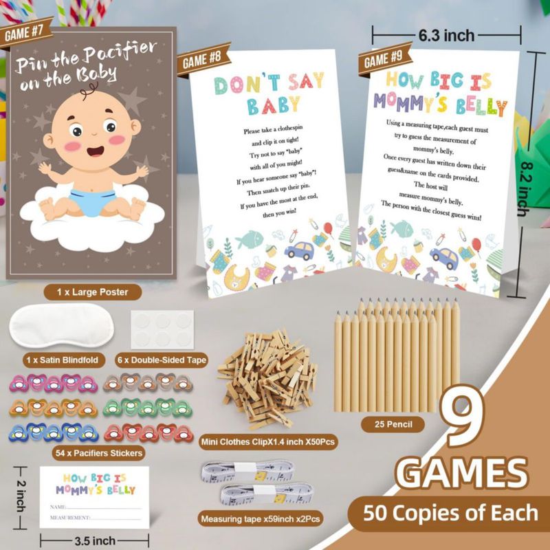 Kit de 9 juegos para baby shower OLOUTAB – 50 invitados