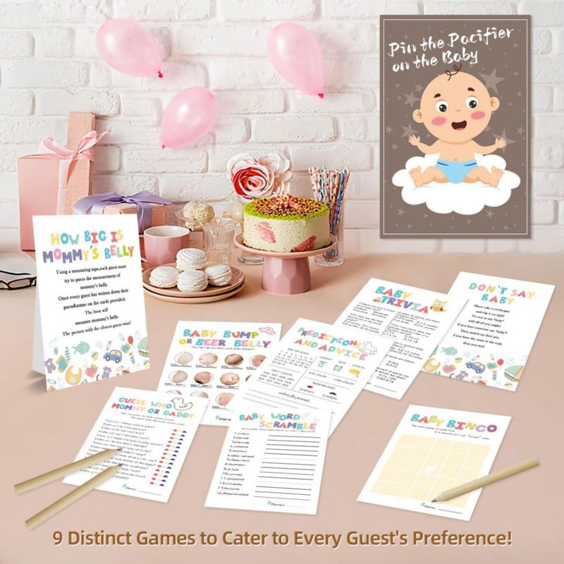 Kit de 9 juegos para baby shower OLOUTAB – 50 invitados