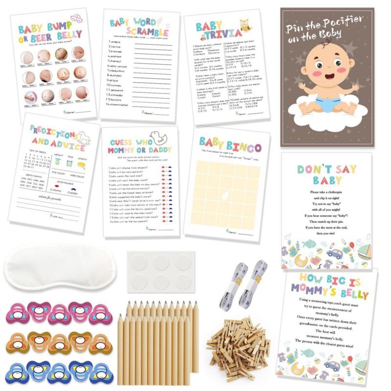 Kit de 9 juegos para baby shower OLOUTAB – 50 invitados