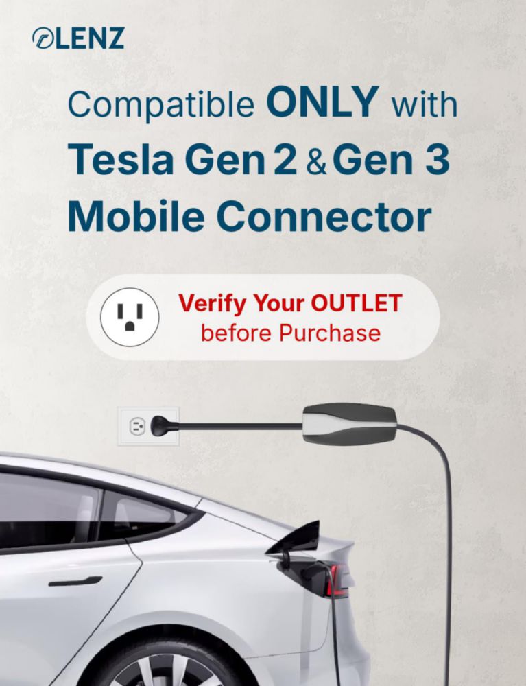 Adaptador LENZ NEMA 5‑15 para Tesla 35 cm 120 V