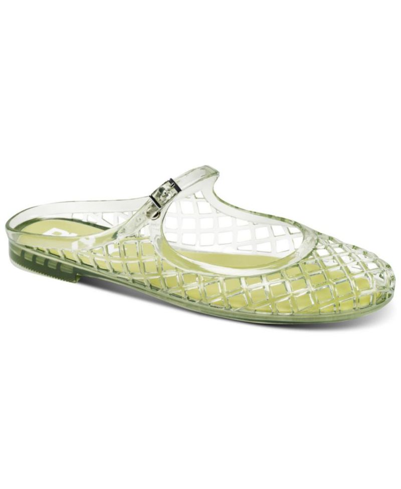 Zapato plano tipo ballet DKNY talla 7 verde celadón con material jelly estilo Mary Jane