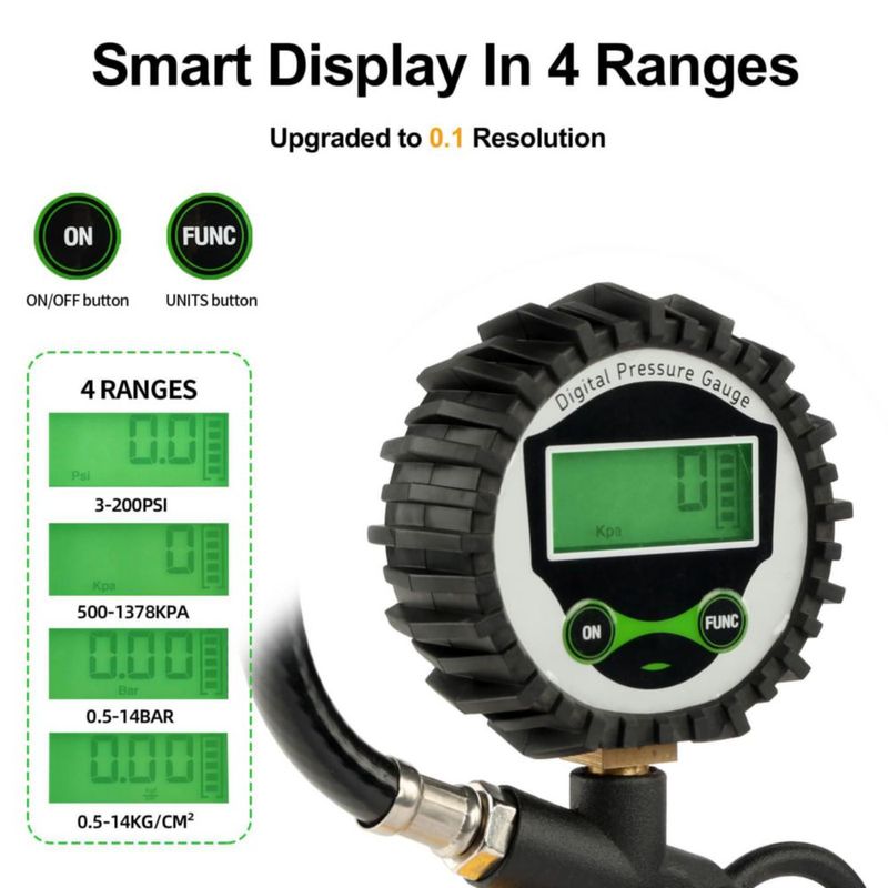 Inflador de neumáticos FORNAX 200 PSI con manómetro digital 36 cm