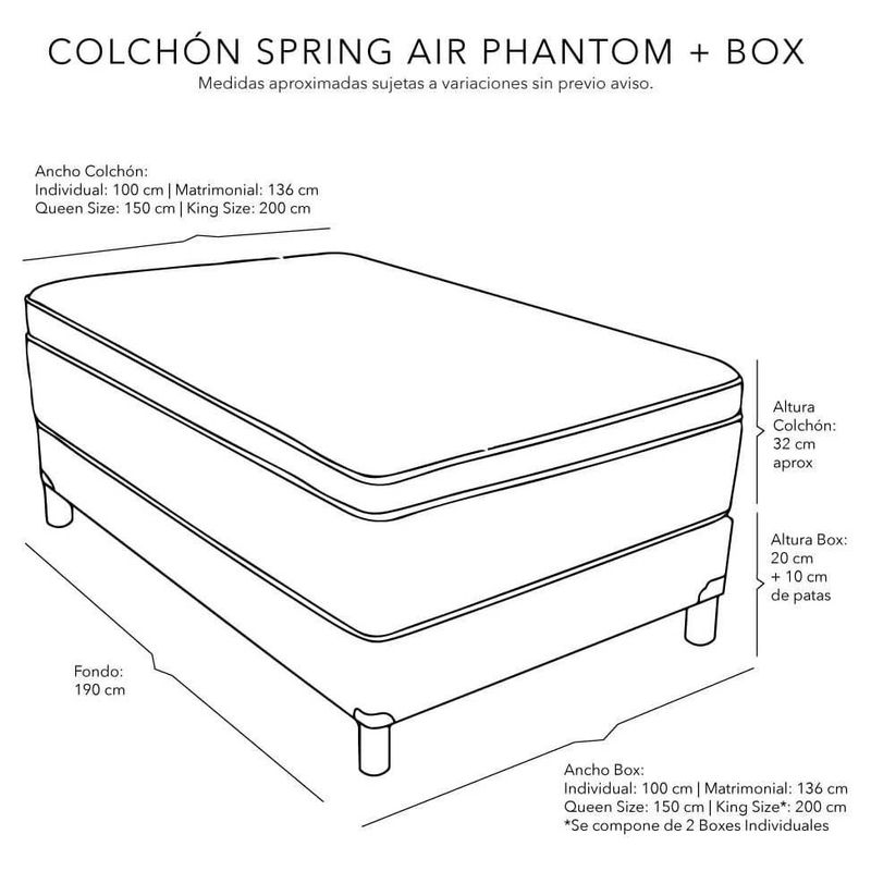 Colchón Matrimonial Phantom + Box + Almohada One + Sábanas Softy CZD