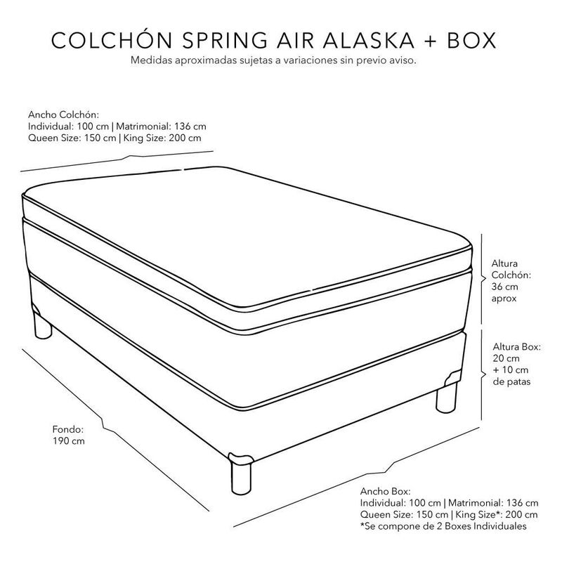 Colchón King Size Spring Air Alaska+ Box+ Almohada 2Pack CDZ