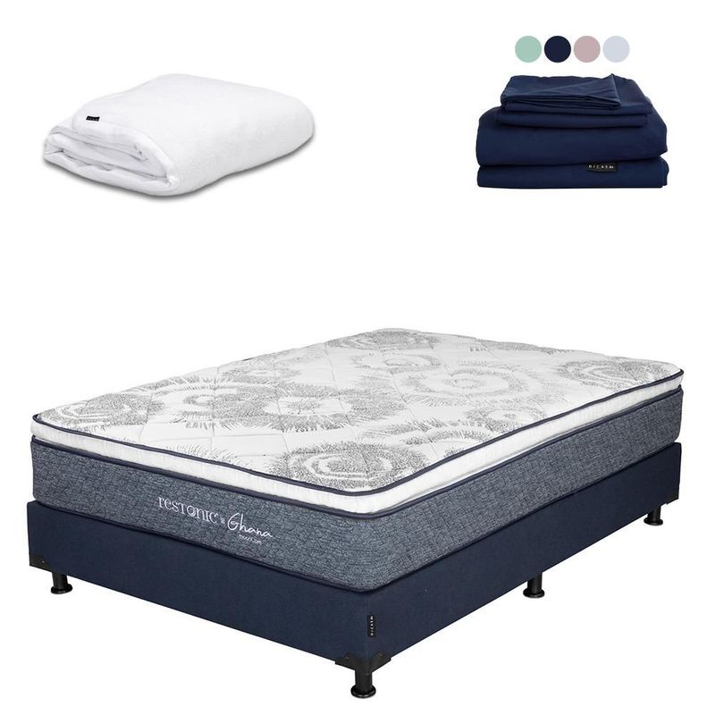 Colchón Queen Size Ghana Azul+ Box+ Protector Cloud+ Sabanas Softy CDZ