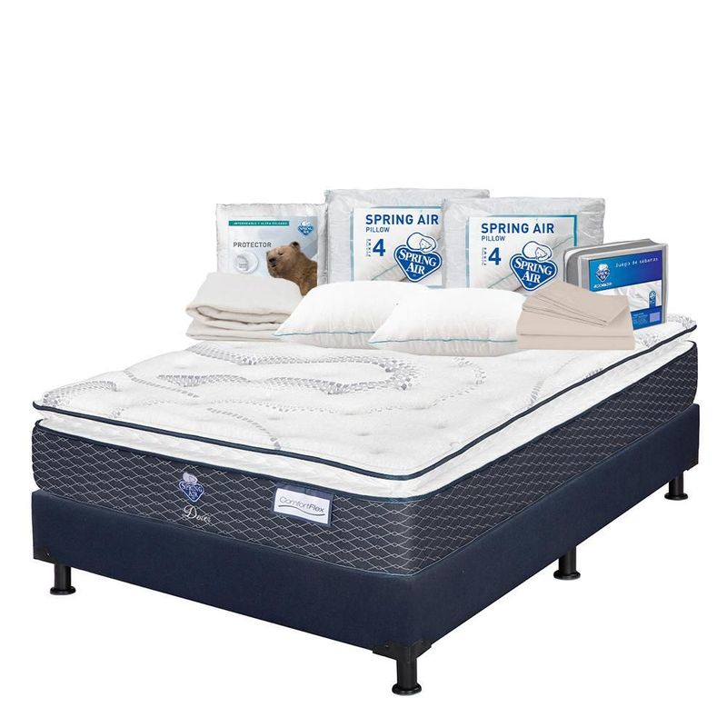 Colchón Matrimonial Dover Azul+ Box+ Almohada+ Protector+ Sabanas TRY