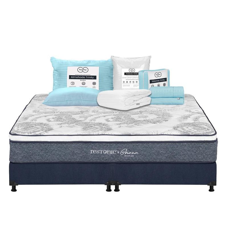 Colchón King Size Ghana Azul+ Box+ Almohada+ Protector+ Sabanas TRY