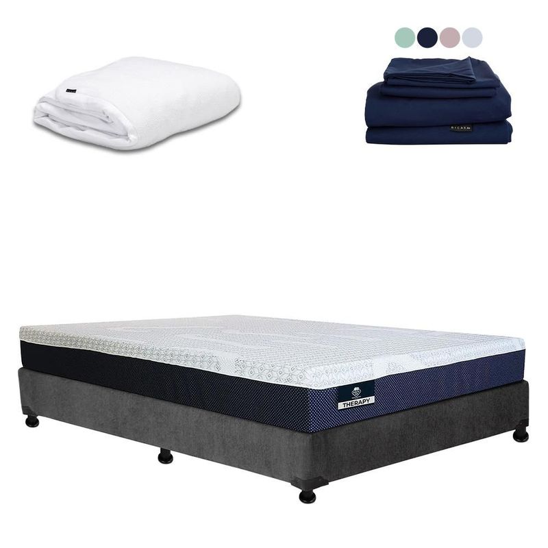 Colchón Matrimonial Therapy Gris+ Box+ Protector Cloud+ Sabanas Softy CDZ