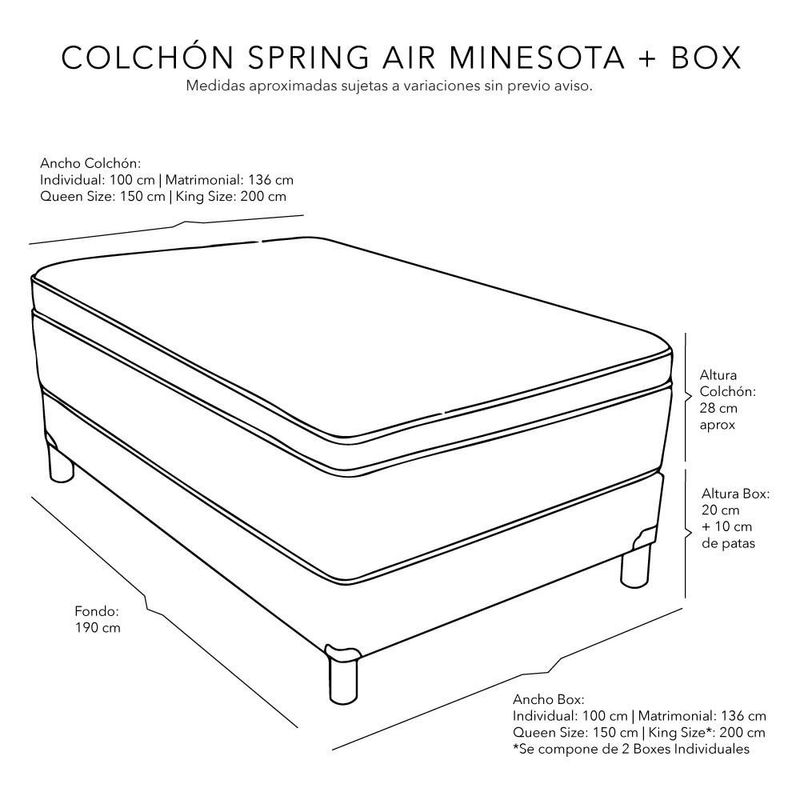 Colchon King Size Spring Air Minesota + Box Dicasa + Almohada  2 Pack CZD