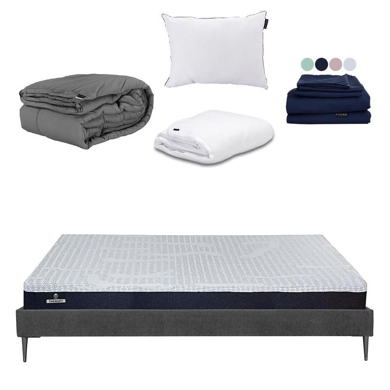 Colchon King Size Spring Air Therapy+ Base Cama Slim+ Almohada One+ Protector Cloud+ Sabanas Softy+Edredon Homy RGH