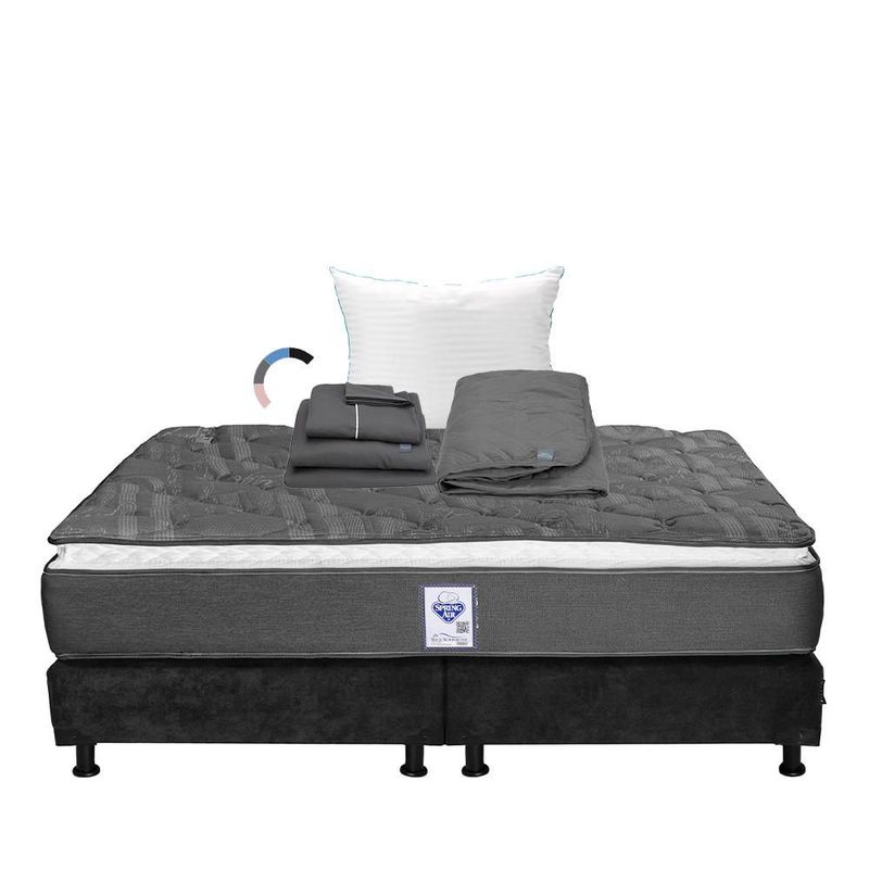 Colchón King Size Spring Air Aries + Box Gris Carbón + Almohada Royal + Protector Lux + Juego de Sábanas Royal Gris Oxford RGH