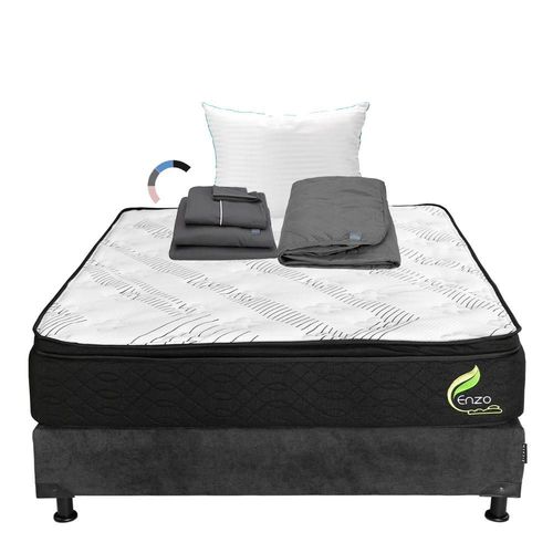 Colchón Queen Szie Restonic Enzo Gris Carbón+ Box+ Almohada Royal+ Protector Lux+ Sabanas Royal RGH