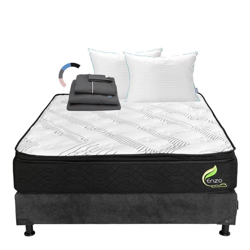 Colchón Queen Size Restonic Enzo Gris Carbón+ Box+ Almohada Royal Twin+ Sabanas Royal RGH