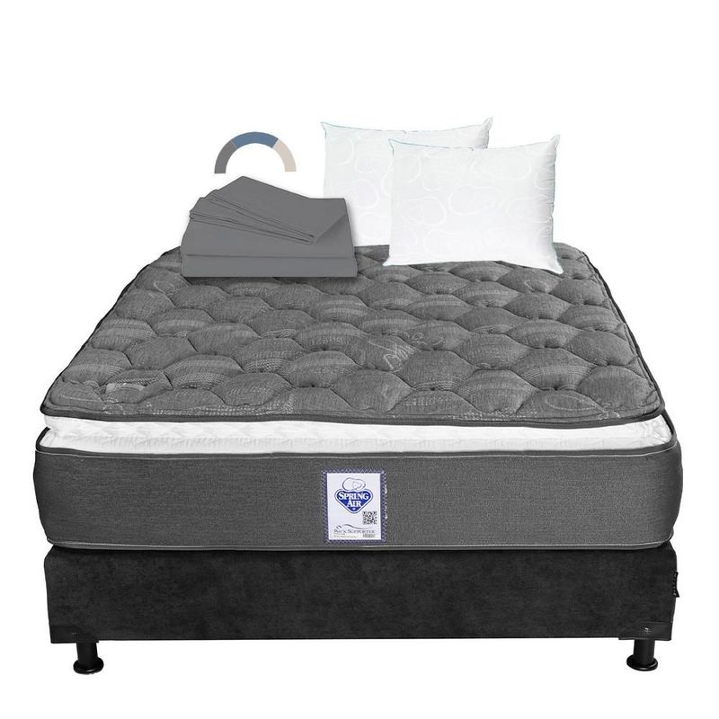 Colchón Queen Size Spring Air Aries + Box Gris Carbón + 2 Almohadas Osos + Juego de Sábanas Basic Grey RGH