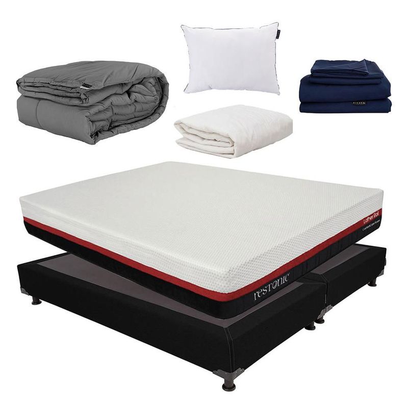 Colchon King Size Restonic Roll Negro+ Box+ Almohada One+ Protector Ultra+ Sabanas Softy+ Edredon Homy RGH