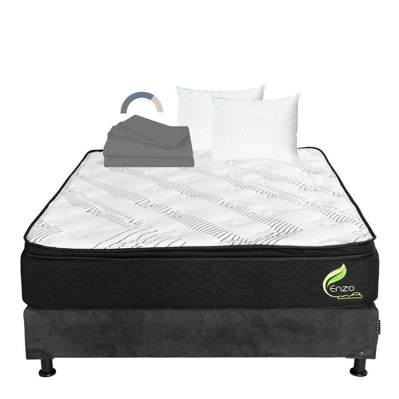 Colchón Matrimonial Restonic Enzo Gris Carbón+ Box+ Almohada Oso 2+ Sabanas Basic RGH