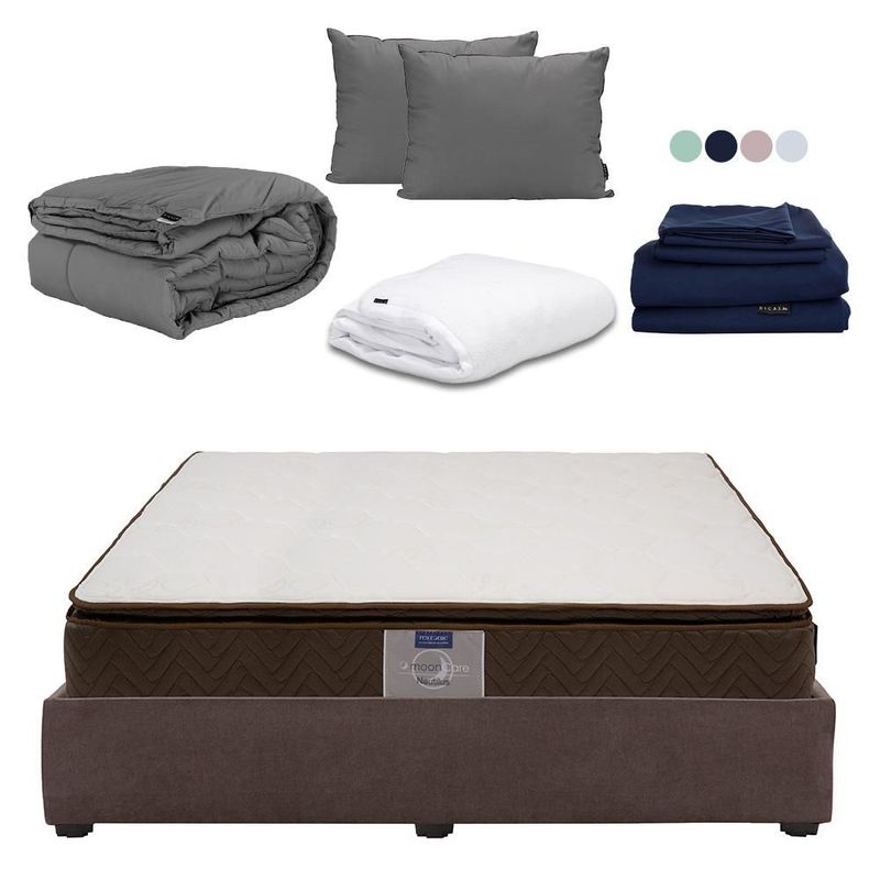 Colchon King Size Restonic Nautilus Cafe+ Base Cama+ Almohada 2Pack+ Protector Cloud+ Sabanas Softy+ Edredon Homy CDZ