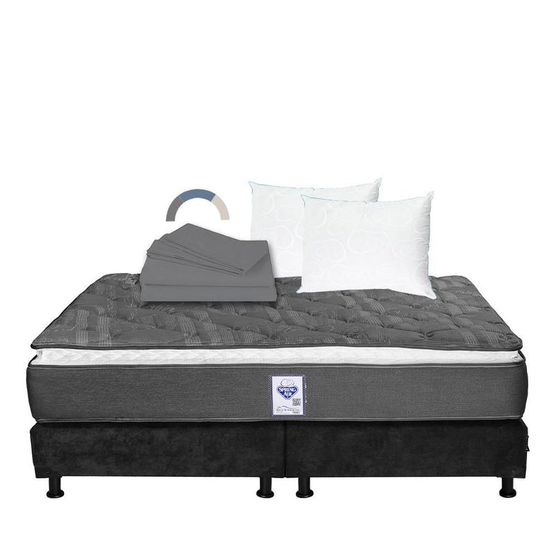 Colchón King Size Spring Air Aries + Box Gris Carbón + 2 Almohadas Osos + Juego de Sábanas Basic Grey RGH