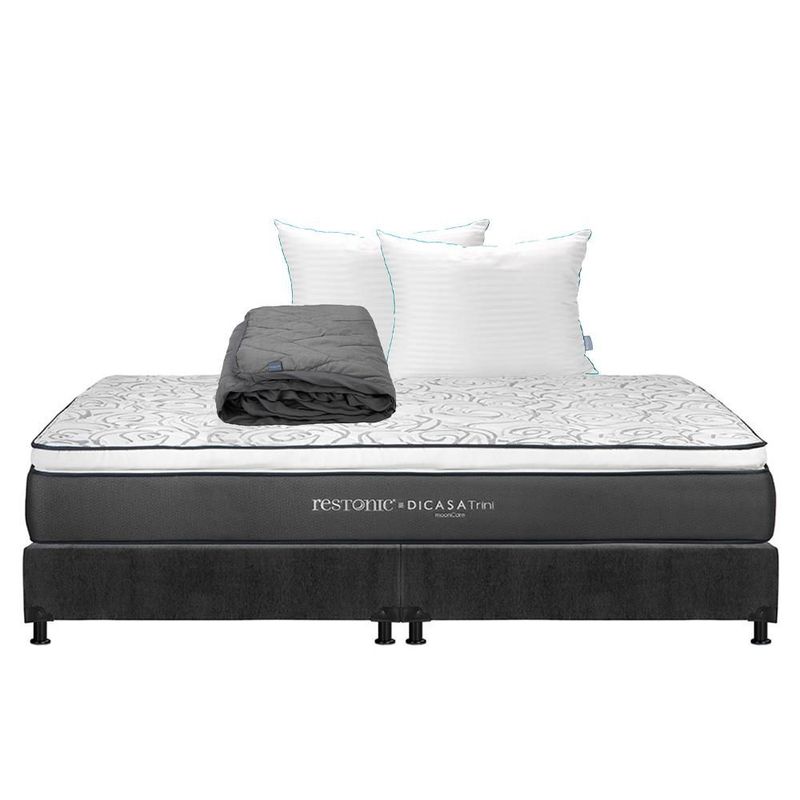 Colchón King Size Restonic Trini Gris Carbón+ Box+ Almohada Royal Twin+ Protector Lux RGH