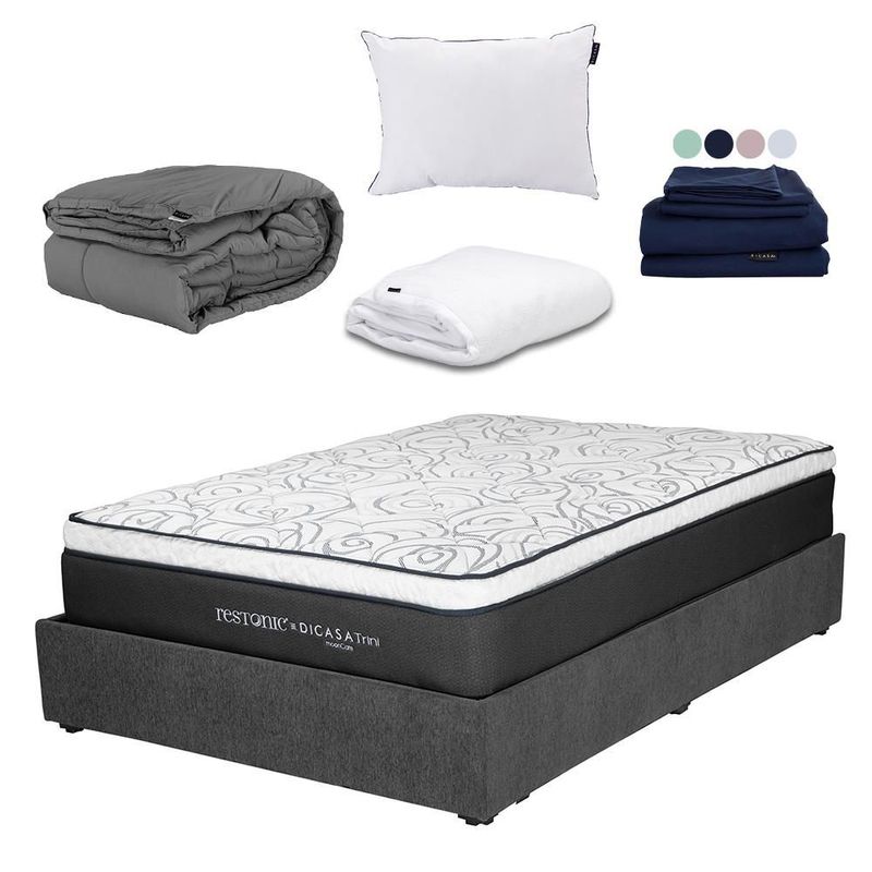 Colchón Matrimonial Restonic Trini Gris+ Base Cama+ Almohada One+ Protector Cloud+ Sabanas Softy+ Edredon Homy RGH