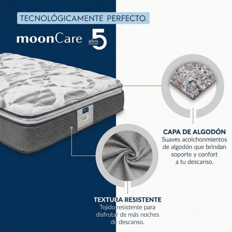 Colchón Queen Size Restonic Mooncare con 2 Almohadas Hipoalergénicas Standar