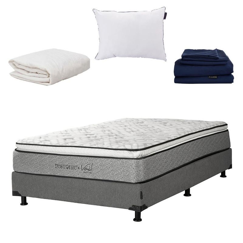 Colchon Individual Restonic Vail Gris+ Box+ Almohada One+ Protector Ultra+ Sabanas Softy RGH