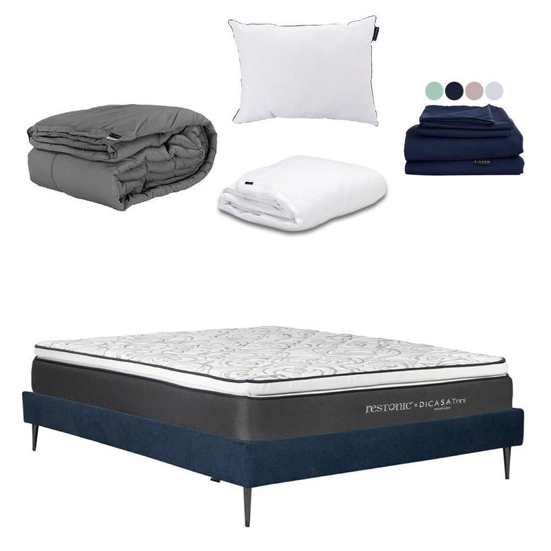 Colchon Matrimonial Restonic Trini Gris+ Base Cama Slim+ Almohada One+ Protector Cloud+ Sabanas Softy+ Edredon Homy RGH