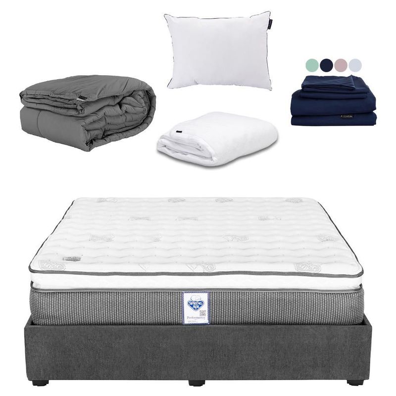 Colchón King Size Phantom Spring Air Gris Carbon+ Base Cama+ Almohada One+ Protector Cloud+ Sabanas Softy+ Edredon Homy RGH
