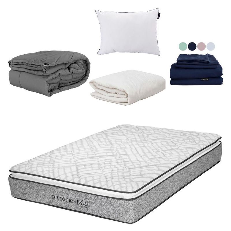 Colchon Matrimonial Restonic Vail Gris+ Almohada One+ Protector Ultra+ Sabanas Softy+ Edredon Homy CDZ