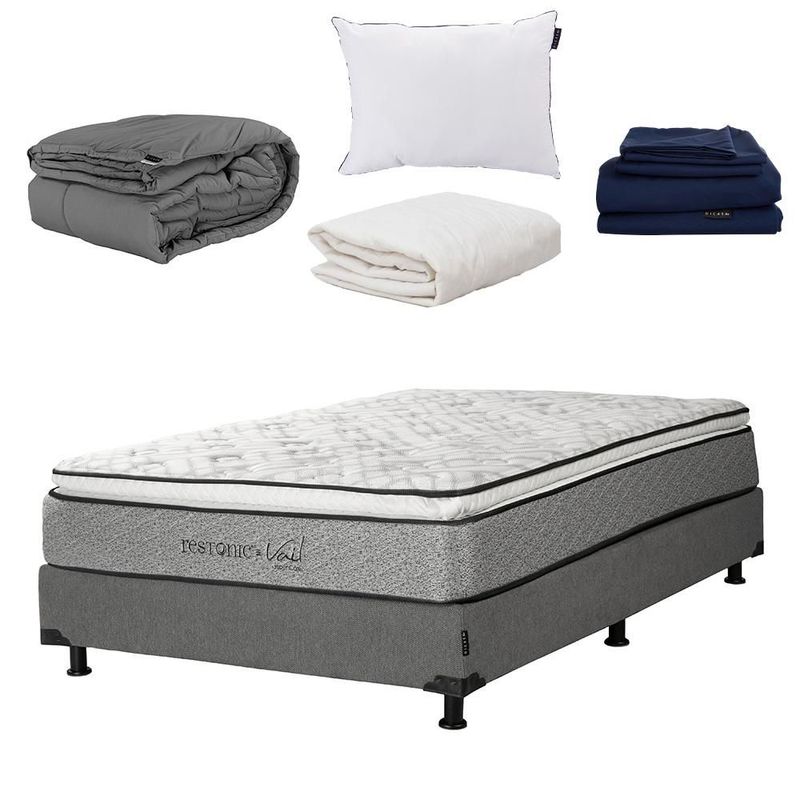 Colchon Individual Restonic Vail Gris+ Box+ Almohada One+ Protector Ultra+ Sabanas Softy+ Edredon Homy RGH