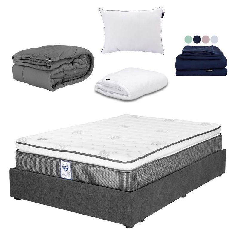 Colchón Matrimonial Phantom Spring Air Gris Carbon+ Base Cama+ Almohada One+ Protector Cloud+ Sabanas Softy+ Edredon Homy RGH